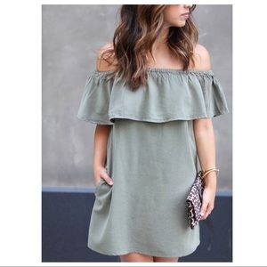 TopShop Olive Green Ruffled Off Shoulder Dress